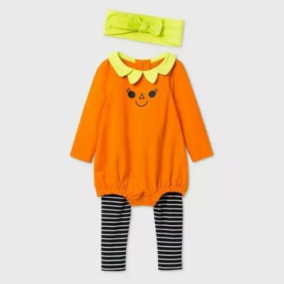 Baby Girls' 3pc Pumpkin Top Pants Headband Set Cat &‎ Jack Orange 3-6M Outfit - Picture 1 of 8
